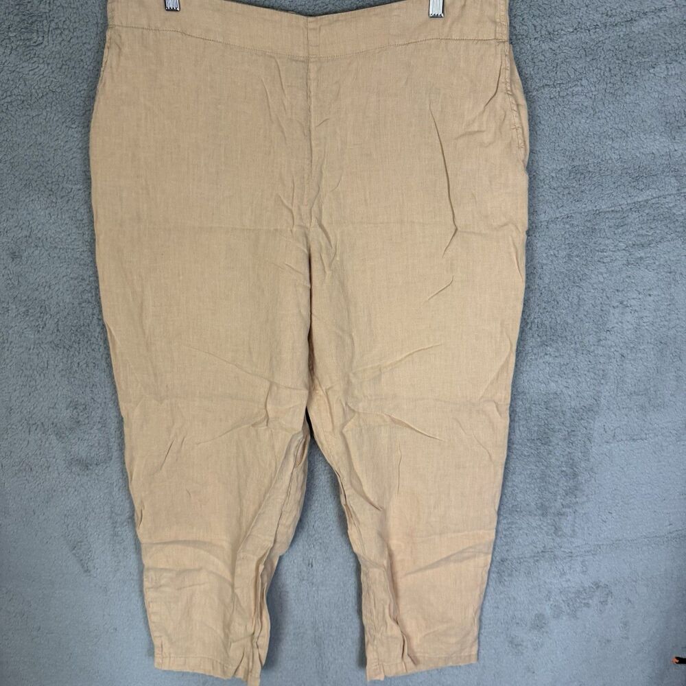 Flax Linen Pants Women's L Beige Tapered Leg Coastal Beach Pull On